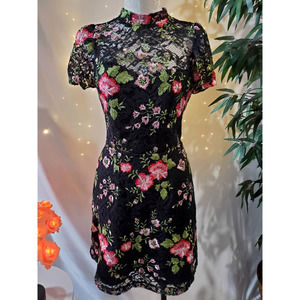 Adelyn Rae Women's S Floral Black Lace Sweetheart Lined Puff Sleeve Midi Dress